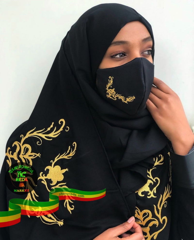 Black Hijab With Black Mask Model