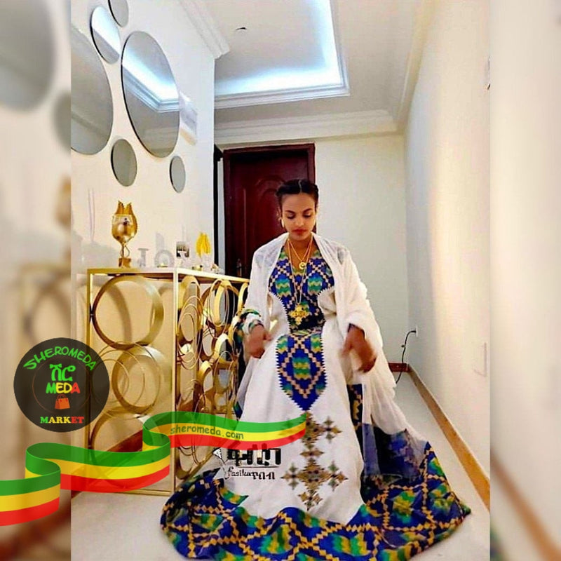 Blue green modern dress Official FasikaTibeb, Haya hulet, Addis Ababa 