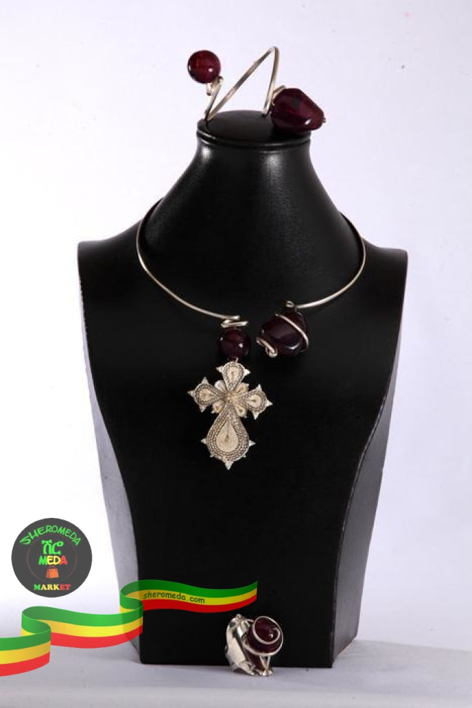 Ethiopian Cross Necklace Bracelet Ring set Filigree Silver work on black Agate Parseghian Silver Smith & Gift articles store, Addis Ababa 